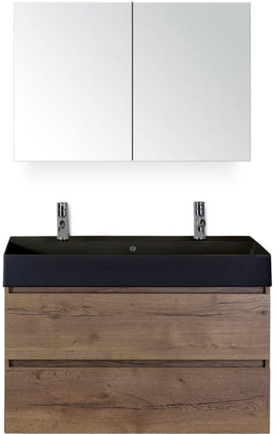 Maxx XL Badmeubelset 100 cm - Tabacco - Wastafel Kube Zwart 2 Kraangaten met Spiegelkast