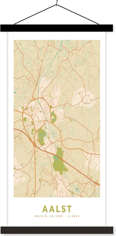 Posterhanger incl. Poster 40x80 cm - Schoolplaat - Plattegrond - Vintage - Stadskaart - Aalst - Kaart - Textielposter - Zwarte latten - Stadskaart