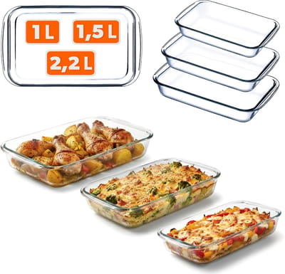 KADAX rechthoekige ovenschaal van hittebestendig glas, 3-delig Vaatwasmachinebestendige glazen bakvormen, serviesgoed om te braden, glazen ovenschaal voor lasagne (2,2 + 1,5 + 1 l)