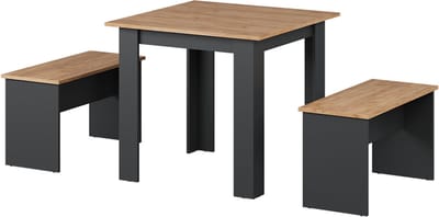 Vicco Sentio Eettafel set – 80 x 80 cm met 2 banken Antraciet/gouden eik