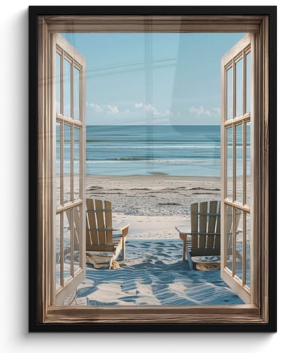 Poster in lijst - Fotolijst 50x70 cm - Posters - Doorkijk - Strandstoelen - Duinen - Zee - Natuur - Posterlijst zwart - Decoratie - Wanddecoratie woonkamer - Muurdecoratie slaapkamer