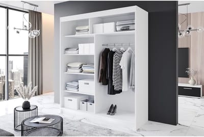 Kledingkast met schuifdeuren en spiegel 180x58x215 cm met 5 legplanken en kledingstang, ruime garderobekast moderne slaapkamerkast wit zwart – Vermissen