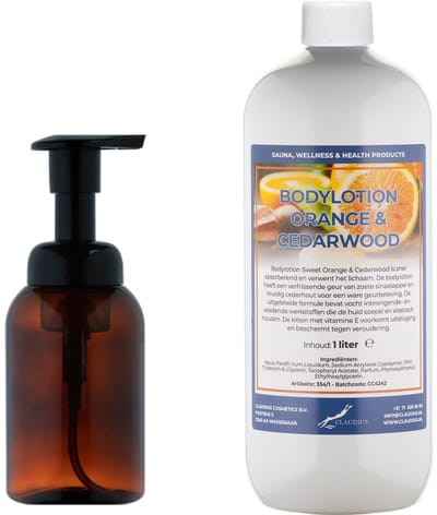 Zeepdispenser 300 ml amber bruin hervulbaar + 1 liter Bodylotion Sweet Orange & Cedarwood navulling