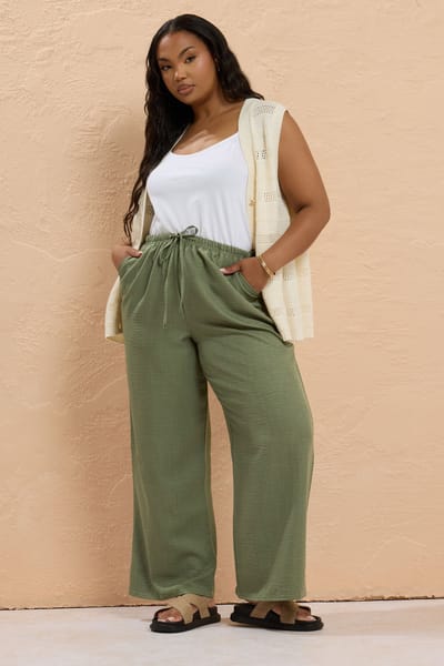 Yours Broek Van Linnenlook Met Wijde Pijpen In Kakigroen Size 48