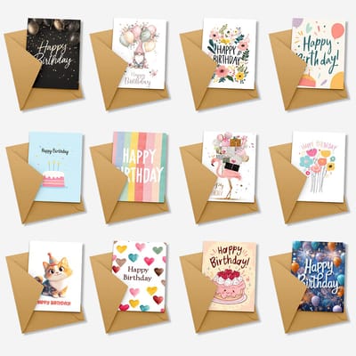 Wenskaarten 12 stuks + enveloppen - Blanco Binnenzijde & Stevig Papier – wenskaart - verjaardagskaart -verjaardagskaarten