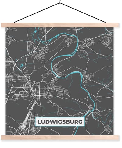 Posterhanger incl. Poster 120x120 cm - Schoolplaat - Stadskaart – Ludwigsburg – Duitsland – Plattegrond – Kaart - Textielposter - Blanke latten - Stadskaart
