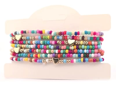 Armbandenset dames - kralenarmbandjes - multicolor - glaskraaltjes - goudkleurig hartje - 7 stuks