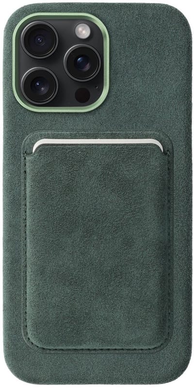Rosso Avanti Hoesje Geschikt voor Apple iPhone 15 Pro Max met Magnetische Kaarthouder | Compatibel met MagSafe / Qi2 | Echt Italiaans Alcantara | Back Cover en Wallet | Groen