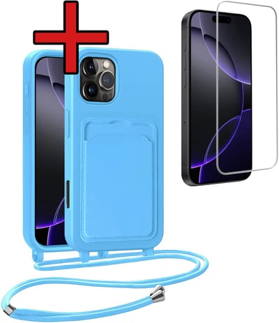 Hoesje Geschikt voor iPhone 16 Pro Hoesje Met Telefoonkoord en Pasjeshouder Met Screenprotector Siliconen - Hoes Geschikt voor iPhone 16 Pro Hoesje Met Kaarthouder Case - Lichtblauw