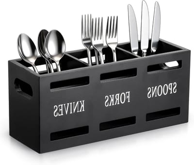 Keukengereihouder met 3 vakken van hout, praktische organizer met handvat voor aanrecht, ruime opslag voor keukengereedschap en bestek, zwart