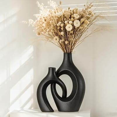 Nazik Living Set van 2 keramische vazen - XL Zwart - Moderne ronde bloemenvazen voor binnen - Scandinavisch, Boho, minimalistische woondecoratie voor woonkamer, salontafel, kantoor