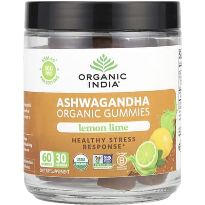 Organic India, Biologische Ashwagandha Gummies, Citroen Limoen, 300 mg, 60 Gummies (150 mg Per Gummy)