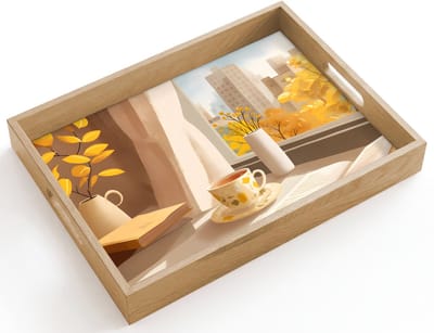 Dienblad hout 40x30 cm - Schootdienblad - Thee - Boek - Thee - Herfst - Borrelplank rechthoek - Plateau dienbladen
