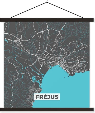 Posterhanger incl. Poster 60x60 cm - Schoolplaat - Fréjus - Kaart - Plattegrond - Stadskaart - Frankrijk - Textielposter - Zwarte latten - Stadskaart