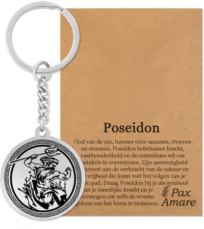 Griekse God Poseidon Sleutelhanger op Cadeau Kaartje - Zilverkleurige Mythologie Talisman - Roestvrij Staal - Olympus Cadeau - Pax Amare