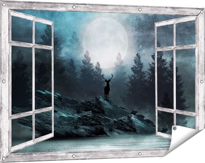Gards Tuinposter Doorkijk Hert op een Rots tijdens Volle Maan - 120x80 cm - Tuindoek - Tuindecoratie - Wanddecoratie buiten - Tuinschilderij