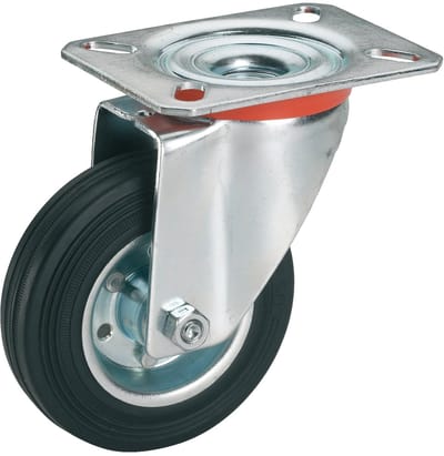Dörner + Helmer massief rubberen zwenkwiel, 80 mm x 25 mm, draagvermogen 50 kg, plaat 100 mm x 85 mm, velg van plaatstaal, zonder rem