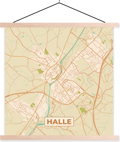 Posterhanger incl. Poster 40x40 cm - Schoolplaat - Plattegrond - Stadskaart - Halle - Vintage - Kaart - Textielposter - Blanke latten - Stadskaart