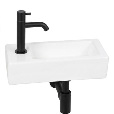 Saqu Trento fonteinset glans wit keramiek incl. mat zwarte kraan links