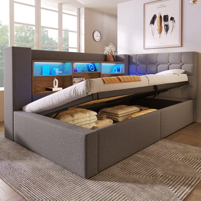 OKWISH Gestoffeerd Bed 90x200cm - Hydraulische Opbergruimte - LED Sfeerverlichting Met USB - 7-Zones Matras H3 - Linnen - Grijs - Met Matras