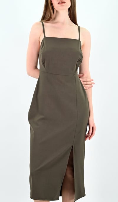 YesMooi - Elegante Midi Jurk met Spaghettibandjes - Slip Dress - Khaki - S (36)