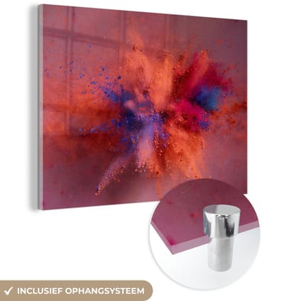 ® Glasschilderij 160x120 cm - Schilderij acrylglas - Poeder - Rood - Oranje - Abstract - Foto op glas - Muurdecoratie woonkamer - Wanddecoratie slaapkamer - Schilderijen