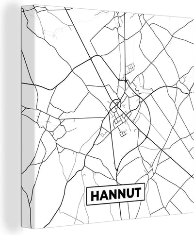 Canvas Schilderij Stadskaart – Plattegrond – België – Zwart Wit – Hannut – Kaart - 20x20 cm - Wanddecoratie