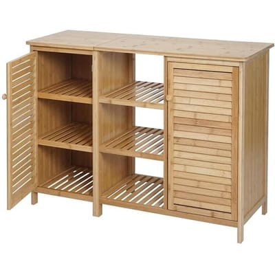 Badkamerkast MCW-B18, plank, ladekast, badkamerkast, badkamerplank, 2 deuren, bamboe, 75x99x33 cm