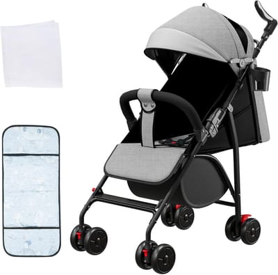 OHMG Kinderwagen, compacte kinderwagen 0-4 jaar, licht en handig, met één hand opvouwbaar, verstelbare rugleuning, 5-punts riem, lichte kinderwagen met luifel en muggennet, belasting 25 kg (A-grijs)