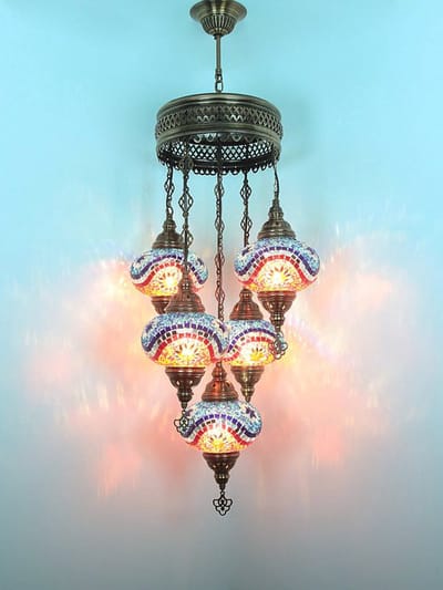 Turkse hanglamp mozaïek glas blauw multicolour - hanglamp 5 bollen - hoogte 110 cm - E-14 fitting