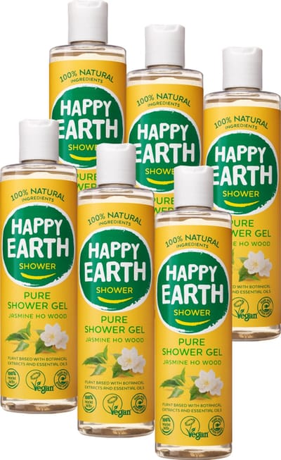 Happy Earth Bundel Douchegel Jasmine Ho Wood - 100% Natuurlijk - Verzorgt & Reinigt - Zonder SLS/SLES & Parabenen - Microplasticvrij - Vegan - 6 x 300 ml - Voordeelverpakking