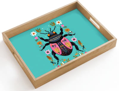Dienblad hout 40x30 cm - Schootdienblad - Kever - Bloemmotieven - Turquoise - Bladeren - Borrelplank rechthoek - Plateau dienbladen