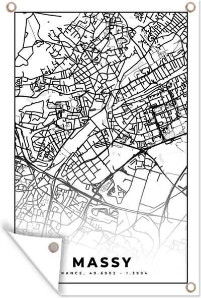 Muurdecoratie Kaart - Stadskaart - Massy - Frankrijk - Plattegrond - Zwart wit - 120x180 cm - Tuinposter - Tuindoek