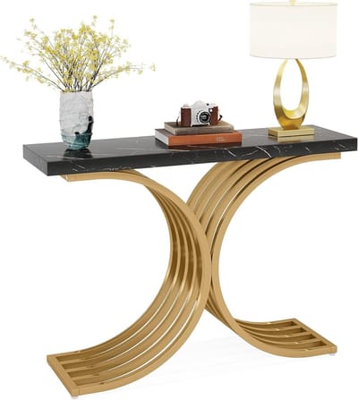 Tribesigns Smalle consoletafel met gouden metalen structuur, 100 x 30 x 80 cm, kleine bijzettafel voor hal, kleine tentoonstelling, voor bank, entree en woonkamer in nauwe ruimtes