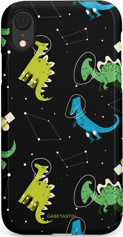 Casetastic hoesje geschikt voor Apple iPhone XR - Dubbellaagse bescherming - Dino in de sterren - Fashion Case - Zwart Groen