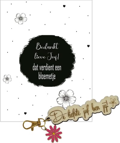 Sleutelhanger en kaartje JUF | fuchsia | bloemen | jij bent de liefste | liefste juf | topjuf | einde schooljaar | cadeau