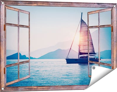 Gards Tuinposter Doorkijk Zeilboot bij Zonsondergang - 90x60 cm - Tuindoek - Tuindecoratie - Wanddecoratie buiten - Tuinschilderij