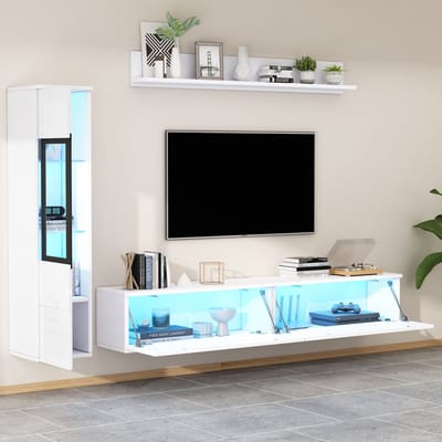 Hoogglanzend wit woonkamermeubelset van 3 delen - met LED-verlichting - 1 x TV-meubel - 1 x woonkamer vitrinekast - 1 x hanging boekenplank