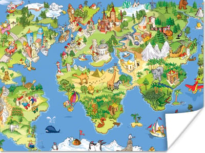Wereldkaart - Kinderen - Natuur - Dieren - Blauw - Groen - 40x30 cm - Poster