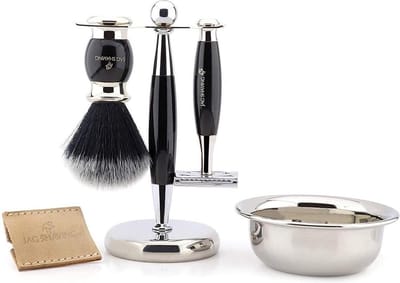 Heren scheerset dubbel rand veiligheidsscheermes met leer zakje, zwart zilver tip origineel scheerkwast, staan en kom perfecte cadeau set voor heren (Men Shaving Set)