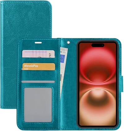 Hoesje - Met Pasjeshouder - Geschikt voor Apple iPhone 16 - Luxe Bookcase Portemonee - Flip Case - Kunstleer Book Case - Flipcase - Book Cover - Walletcase - Portemonneehoes - Turquoise