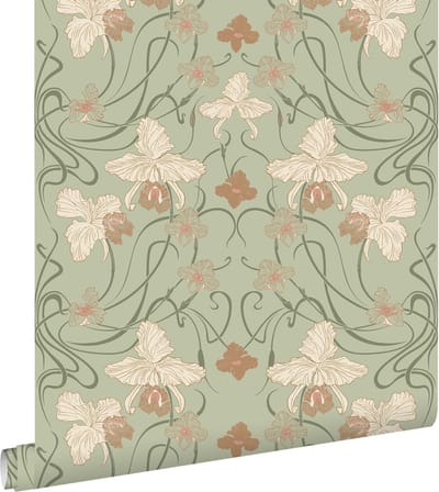 ESTAhome behang vintage bloemen in art nouveau stijl vergrijsd groen en terracotta - 53 cm x 10.05 m - 139667