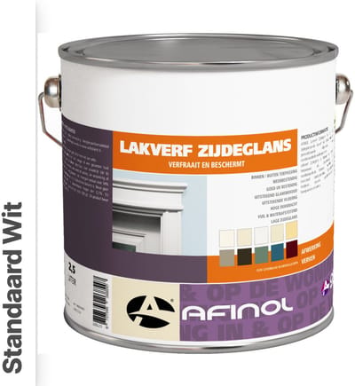 Afinol Zijdeglans Lakverf Standaard Wit (Witste kleur) 2,5 liter - Houtverf Binnen - Houtverf Buiten - Lak Geschikt voor Hout, Metaal en Kunststof - Metaalverf - Meer dan 9.000 kleuren