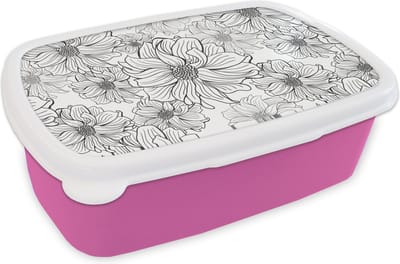 Broodtrommel Roze - Lunchbox - Brooddoos - Bloemen - Zwart - Wit - Design - 18x12x6 cm - Kinderen - Meisje