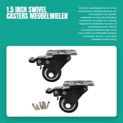 Dailygoods- Meubelwielen 1.5 Inch - Zwenkwielen met 360 Graden Draaibare Bovenplaat - Vergrendelbare Wielen - Laadcapaciteit 50 KG - Set van 2 - PU Materiaal - Rolwielen