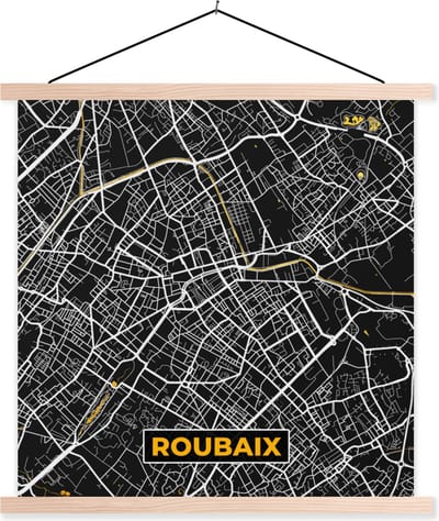 Posterhanger incl. Poster 40x40 cm - Schoolplaat - Roubaix - Kaart – Plattegrond – Frankrijk – Stadskaart - Textielposter - Blanke latten - Stadskaart
