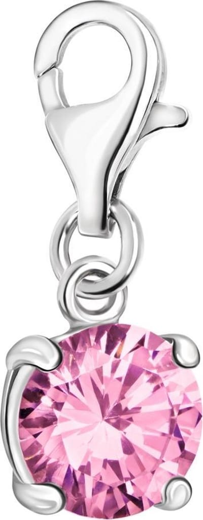 Quiges – 925 - Zilver – Charm - Bedel - Hanger - Ronde Kristal Zirkonia Roze - met – sterling - zilver - karabijnslot - geschikt - voor -Bedelarmband HC042
