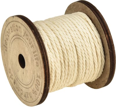 Decoratief koord katoen crème Ø2mm houten spoel met elk 16m, 2 stuks