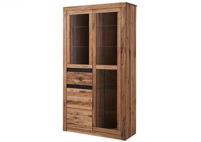 MASSIVMOEBEL24.DE wilde eik / moseik vitrine bruin massief hout 110x42x200 cm (BxTxH) geolied gemonteerd MONTREUX volledig massief #318