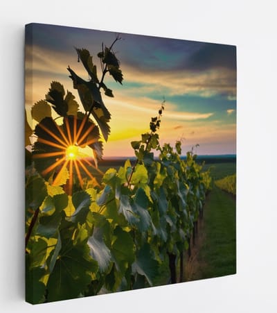 Saammp Canvas Schilderij - Wijngaarde met zonsondergang - Natuur - Landschap - 20x20 - Foto op canvas - Wanddecoratie - Muurdecoratie Woonkamer - Slaapkamer decoratie - Canvas Print